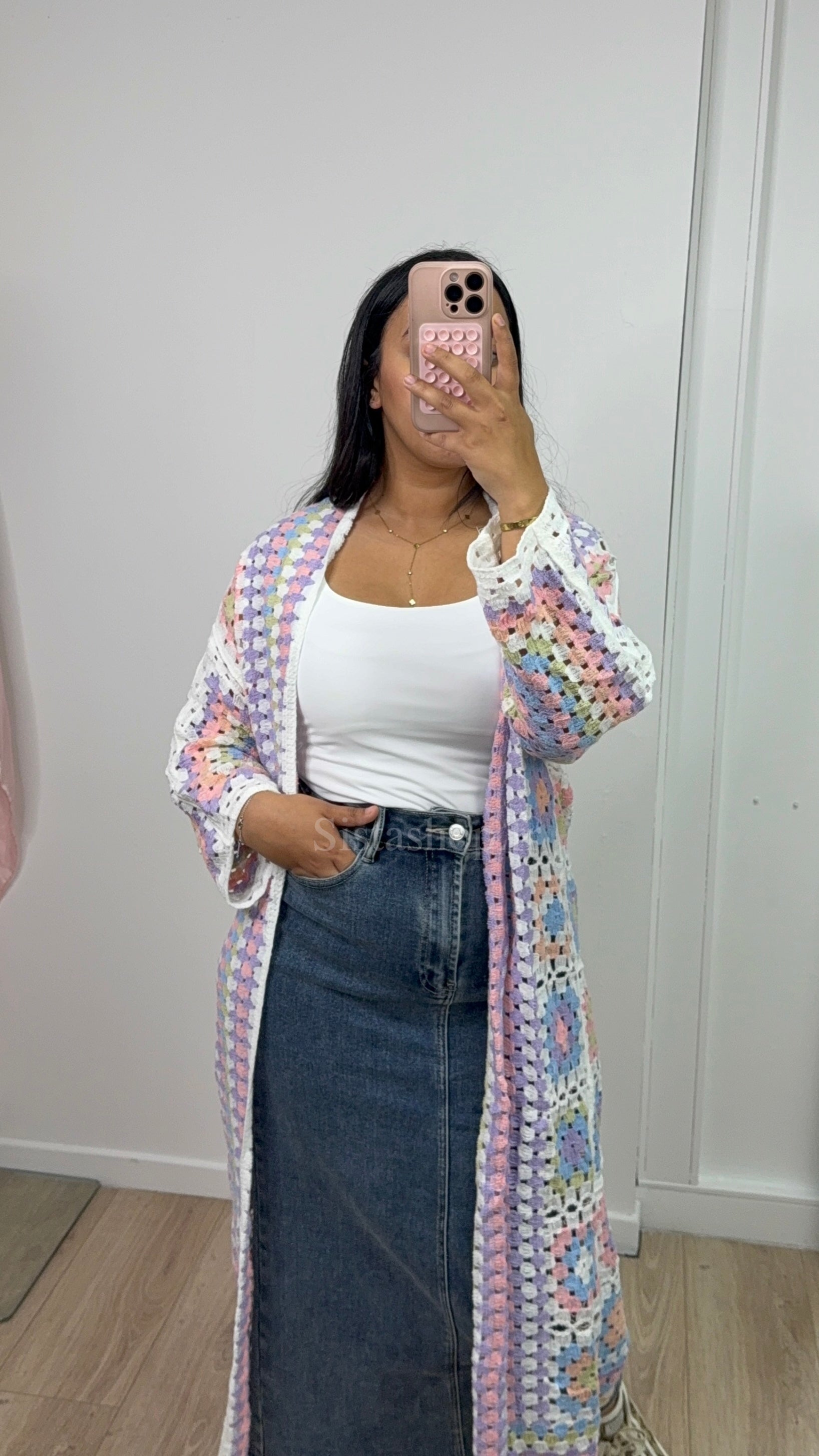Gilet crochet à fleurs long Pastel