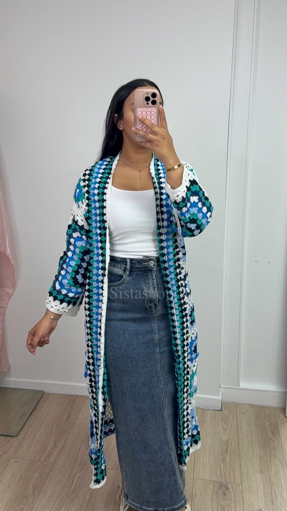 Gilet crochet à fleurs long Bleu