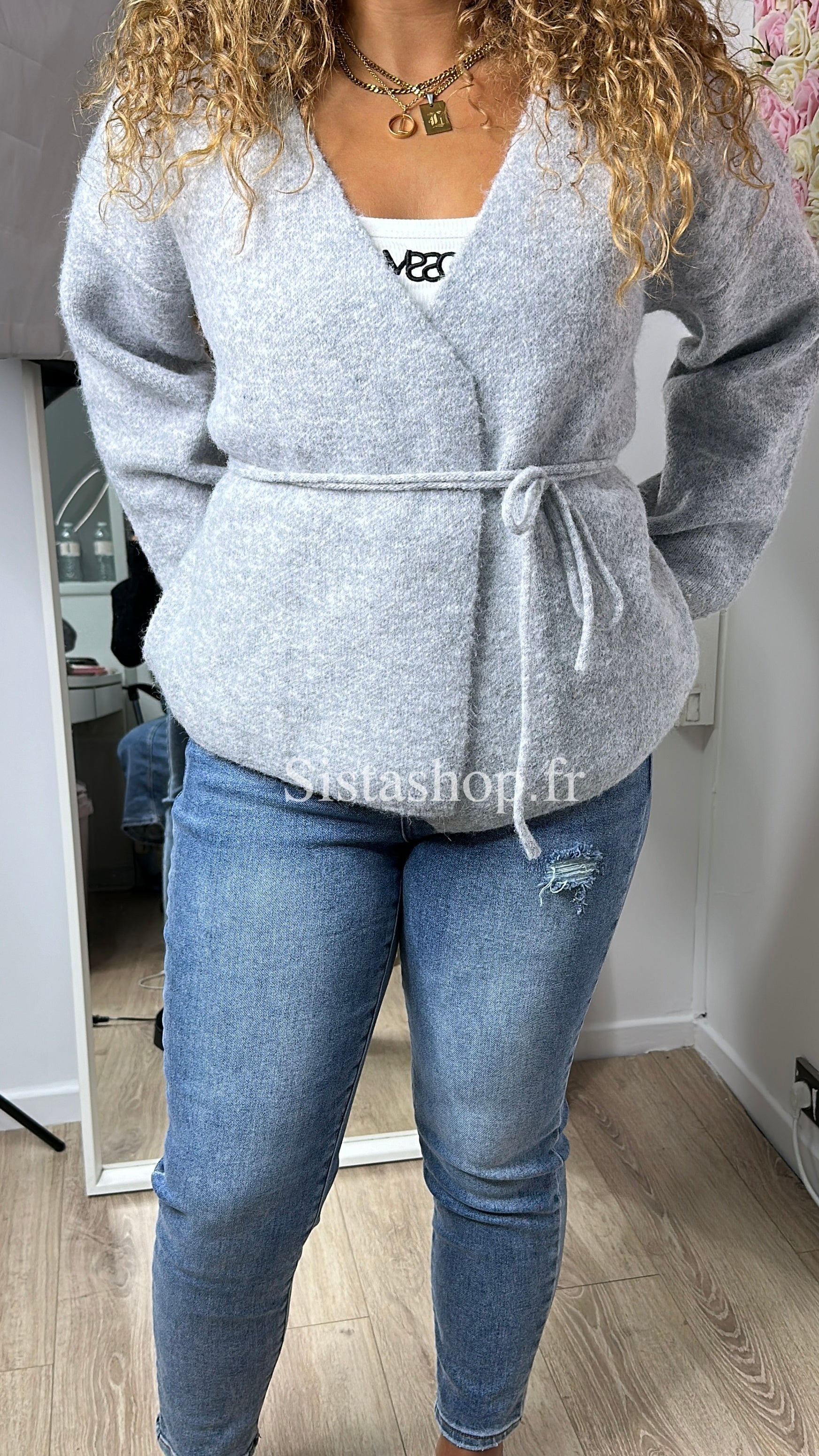 Gilet Pull Cache-Cœur Gris clair Layla