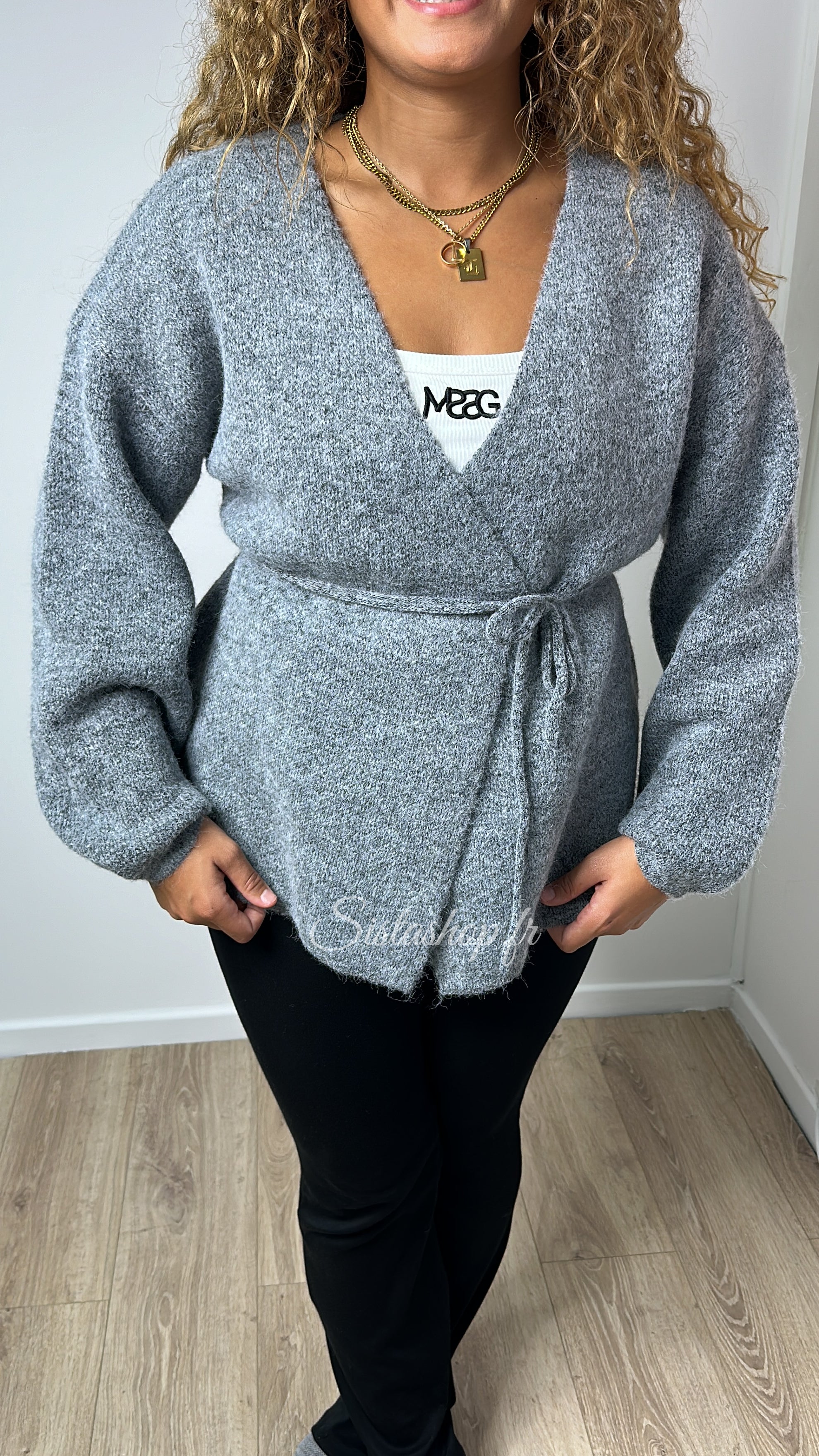 Gilet Pull Cache-Cœur Gris foncé Layla